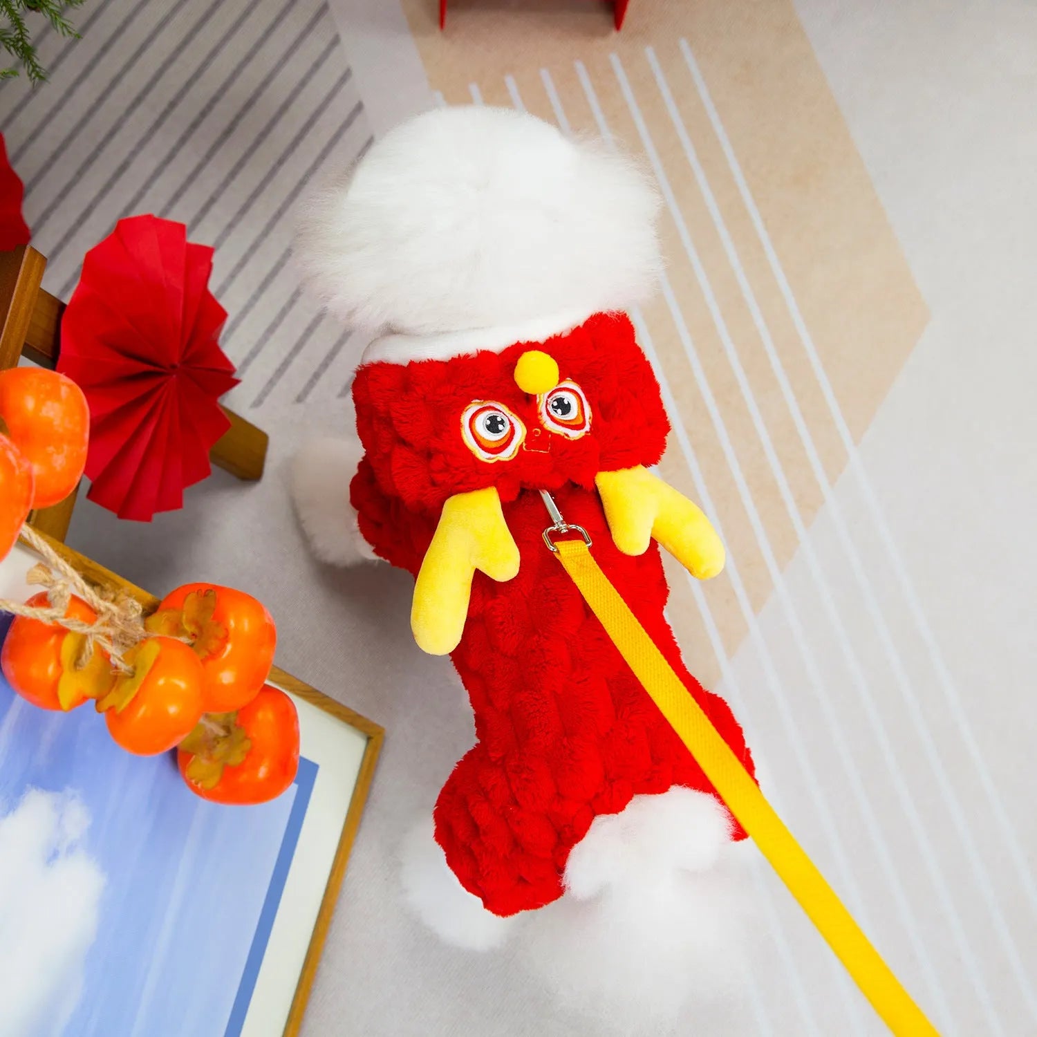 Red Little Dragon cartoon design pet jacket in double-sided velvet material showing size options from S to XXL