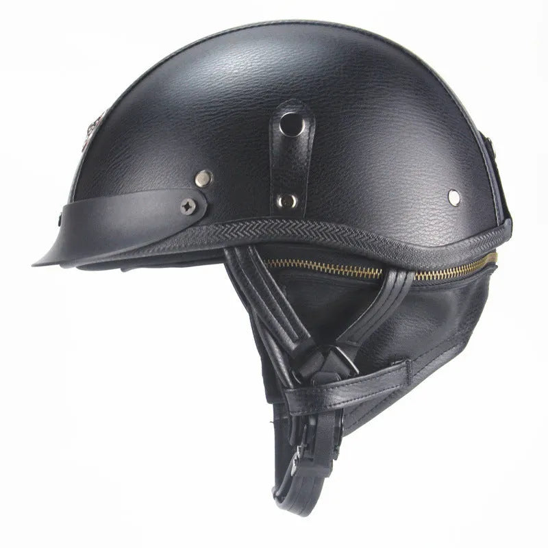 Retro leather motorcycle helmet with half pedal design in black or dark brown colours