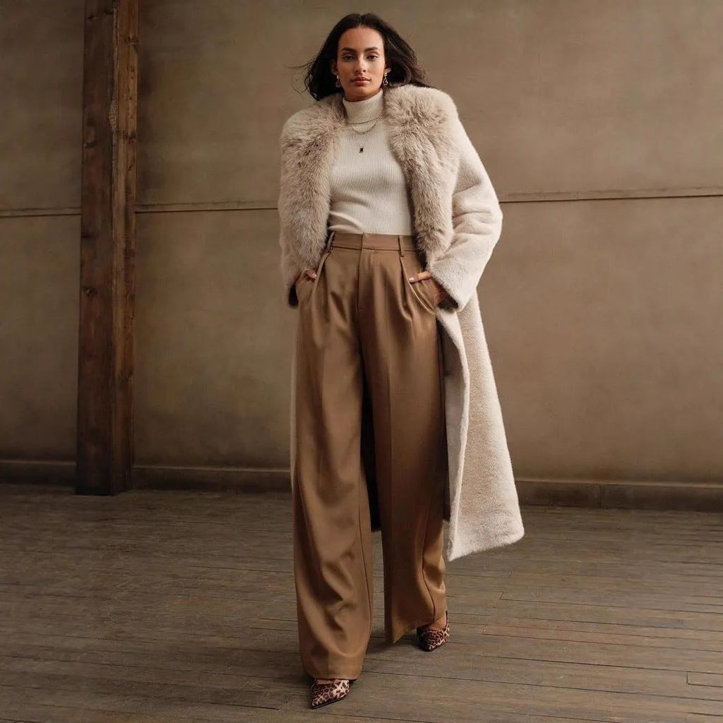 Woman wearing a long camel faux fur coat with regular sleeves, suitable for autumn and winter.