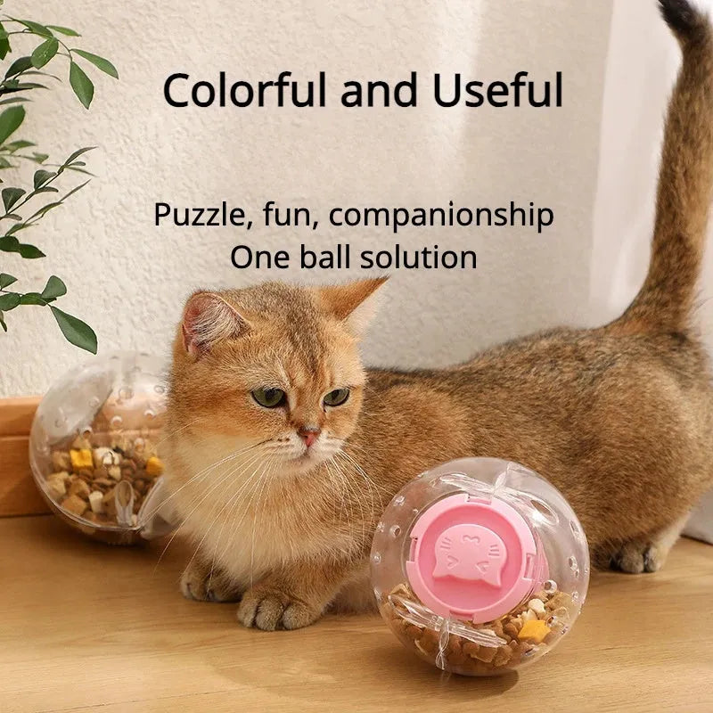 Blue, pink and white slow feeding ball for cats and dogs with 11.5cm diameter