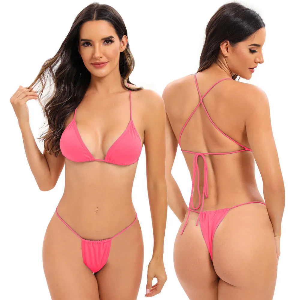 Women's candy coloured cross strap bikini swimsuit on a mannequin, showing the multi-strap design on the briefs.
