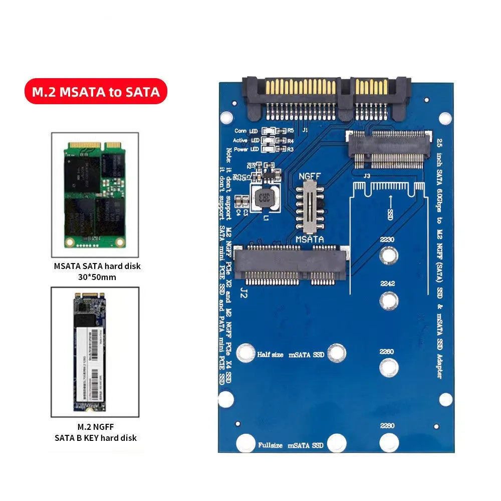 SATA3 to M.2 NGFF MSATA SSD conversion adapter card on circuit board, black or blue colour options