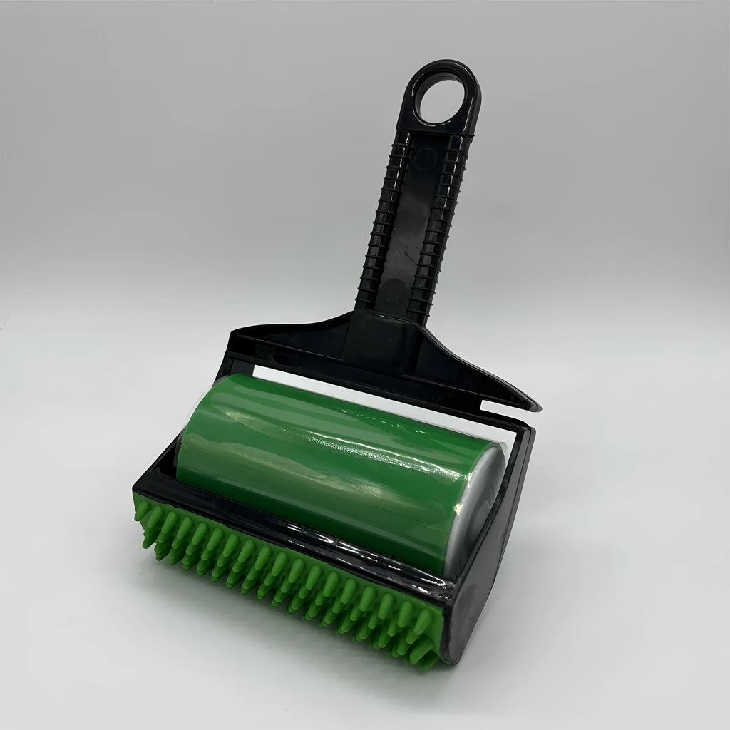Yellow and green portable washable lint roller for removing pet hair from fabrics.