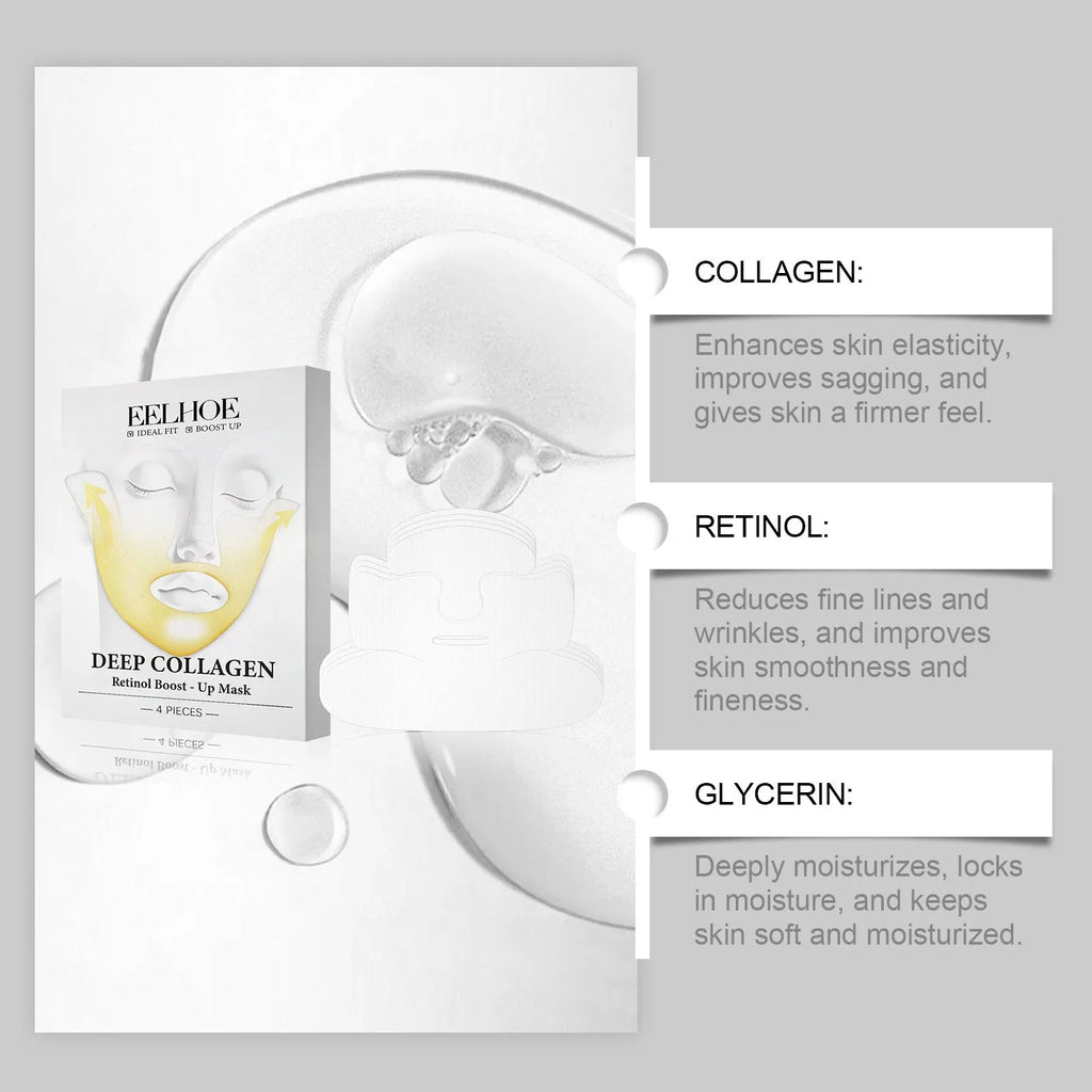 Four collagen facial masks for skin tightening treatment measuring 23.5x16.8cm