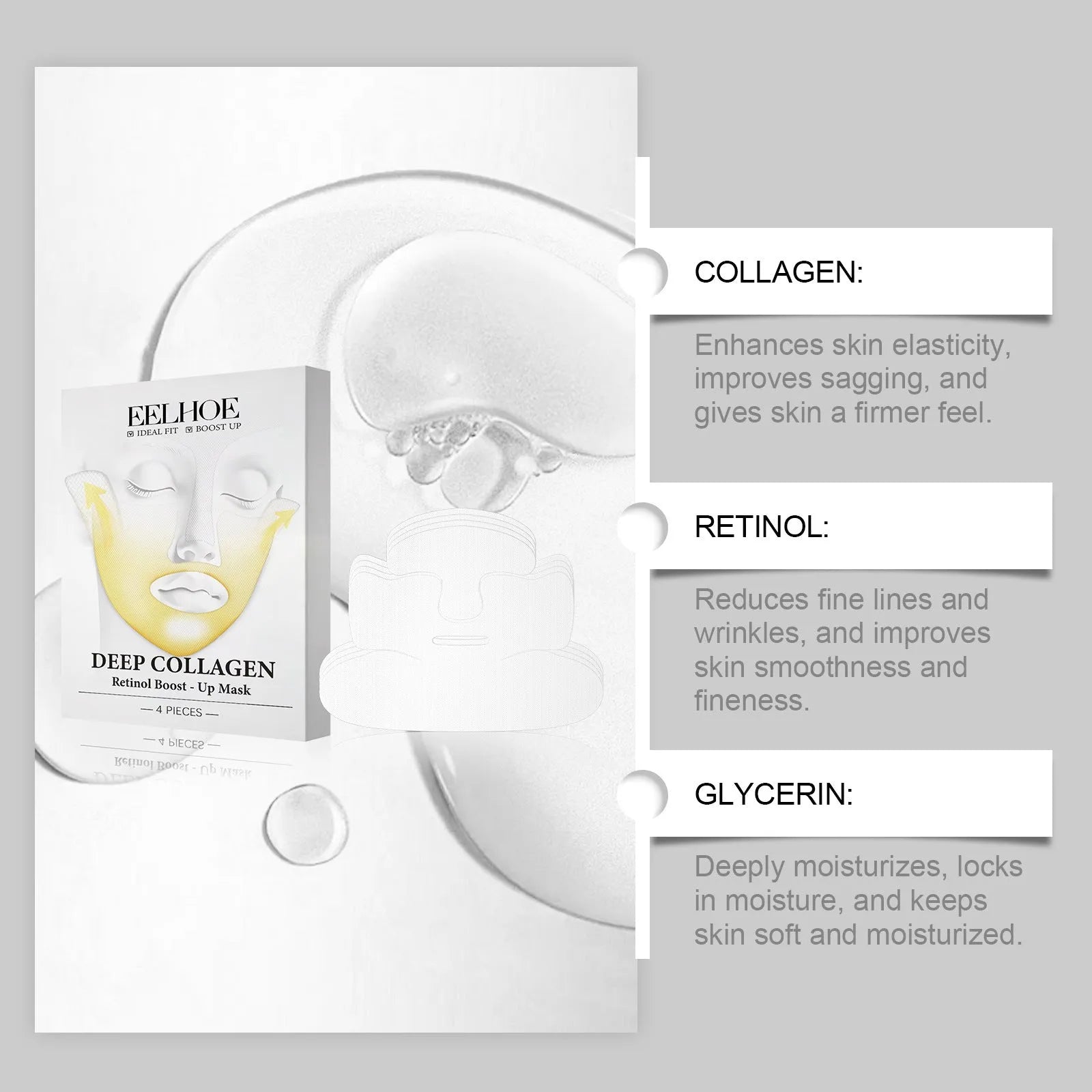 Four collagen facial masks for skin tightening treatment measuring 23.5x16.8cm