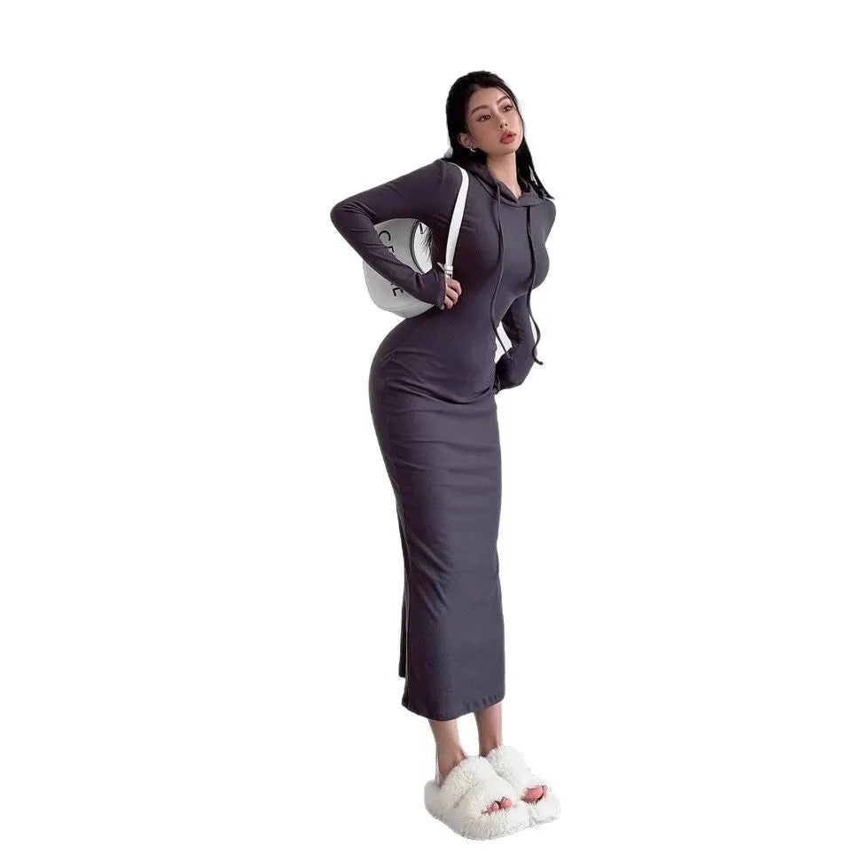 Women's grey hooded sheath dress with long sleeves and a high waist, shown in a front view.