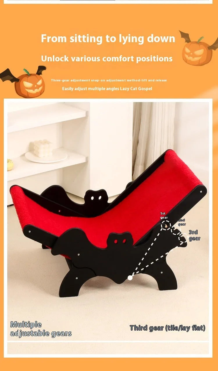 Halloween bat-shaped wooden cat recliner pet bed in black and red colours