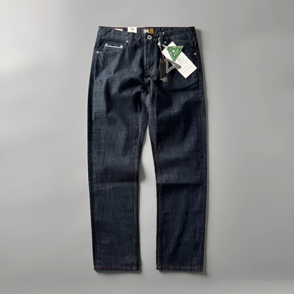 Men's straight-leg denim trousers in primary colour with mid-waist design and regular length