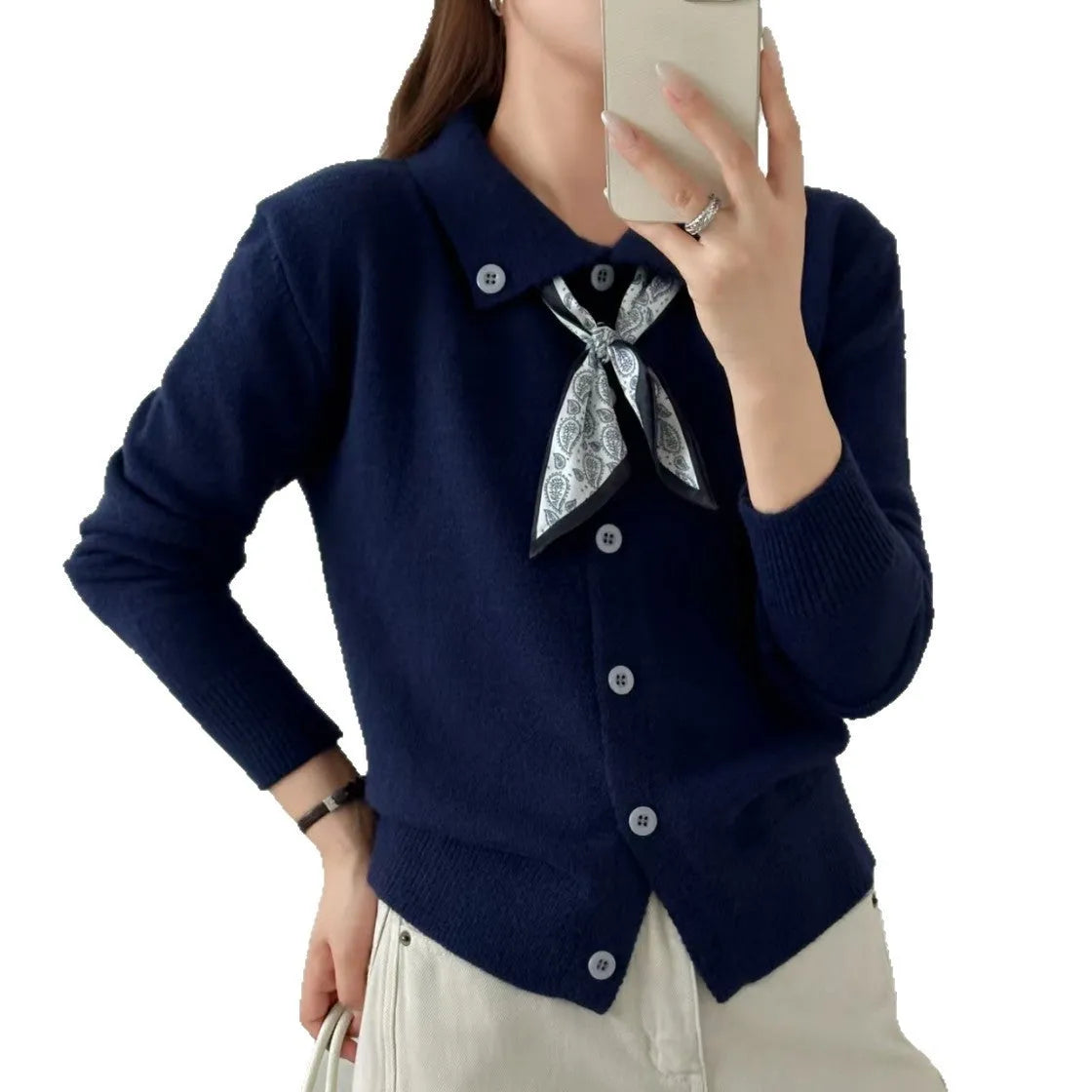 Women's beige lapel scarf cardigan sweater with long sleeves on hanger