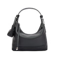 Simple black cowhide leather ladies shoulder bag with visible stitching and urban style design