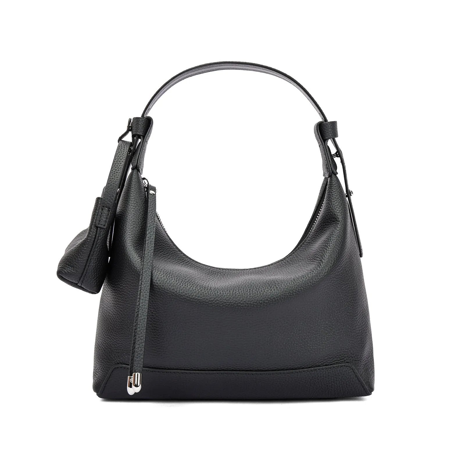 Simple black cowhide leather ladies shoulder bag with visible stitching and urban style design