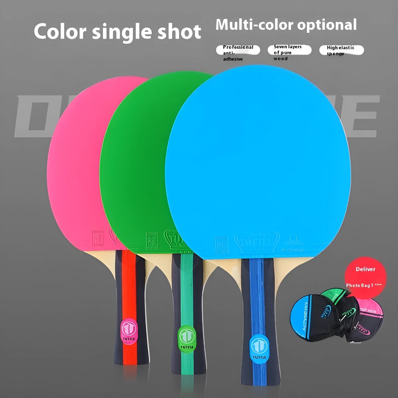 Pure wood table tennis racket with long blue shakehand grip handle and matching blue racket cover.