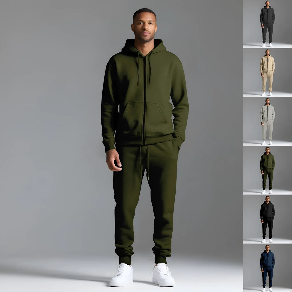 Men's solid colour long-sleeve hooded sportswear set with matching jacket and pants in black cotton polyester blend