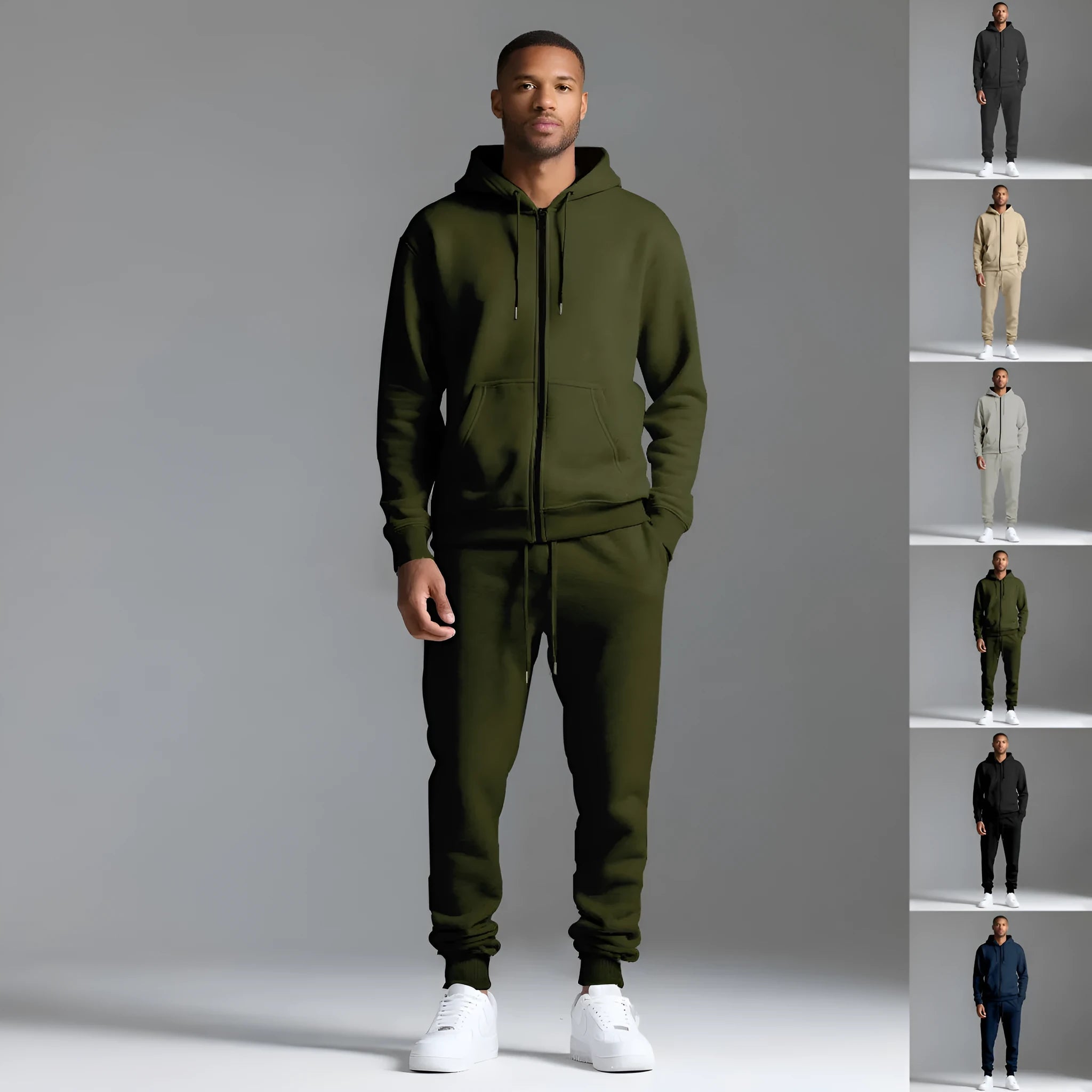 Men's solid colour long-sleeve hooded sportswear set with matching jacket and pants in black cotton polyester blend