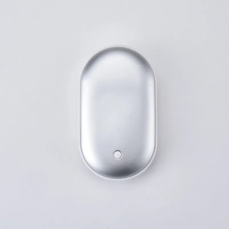 Small rectangular rechargeable hand warmer and power bank in a choice of colours including blue, gold, pink, and silver