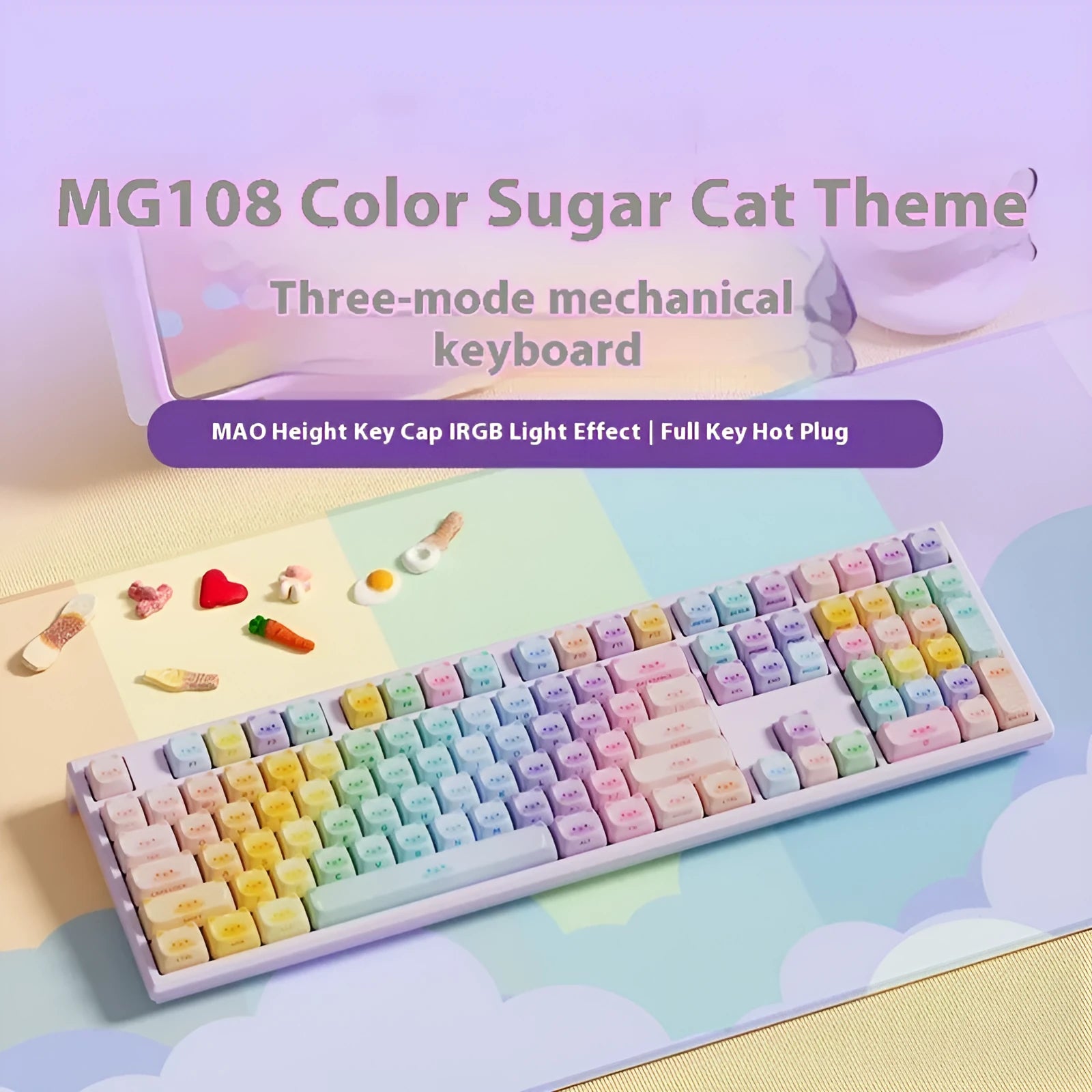 Coloured sugar cat design Bluetooth mechanical keyboard with piano-shaft switches.