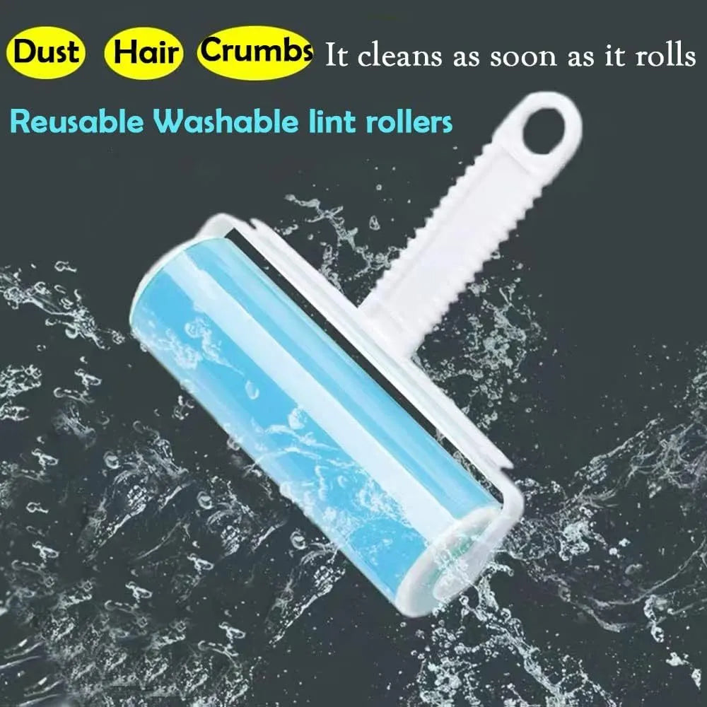 Blue washable lint roller with cover for removing pet hair from clothes and furniture