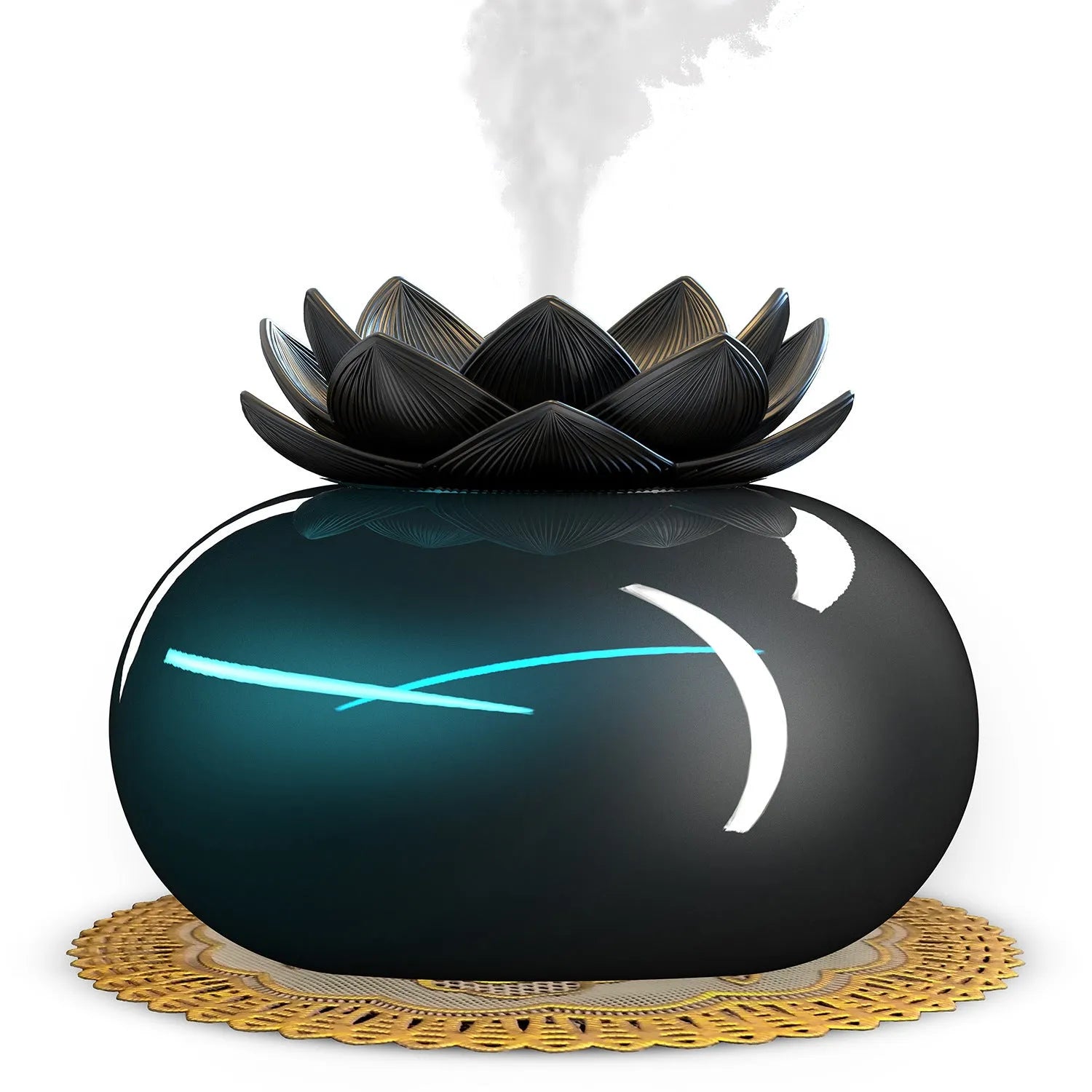 Pure black lotus-shaped USB aromatherapy humidifier on a desk.