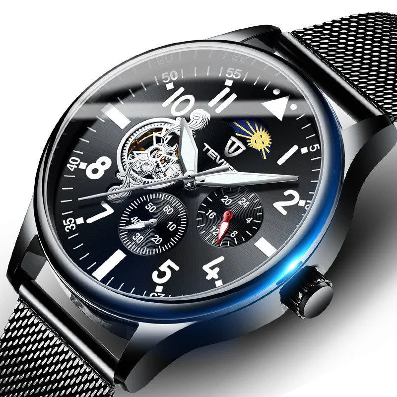 Black mechanical men's watch with 41mm alloy case, mineral glass, and luminous markers