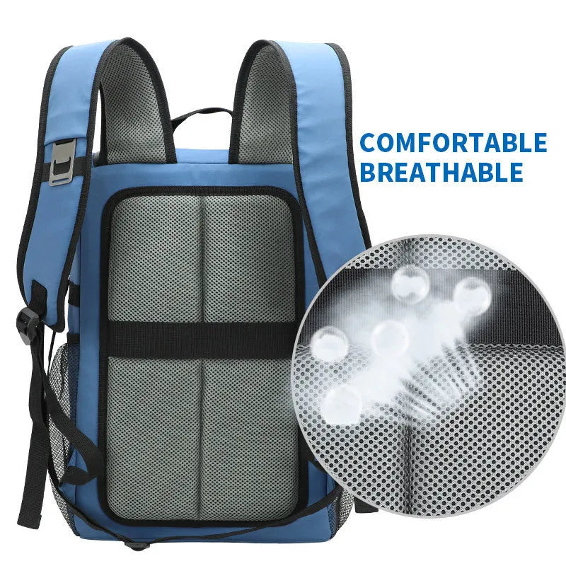 Black modern simplicity cloth backpack with an insulated side pocket for a beer bottle.
