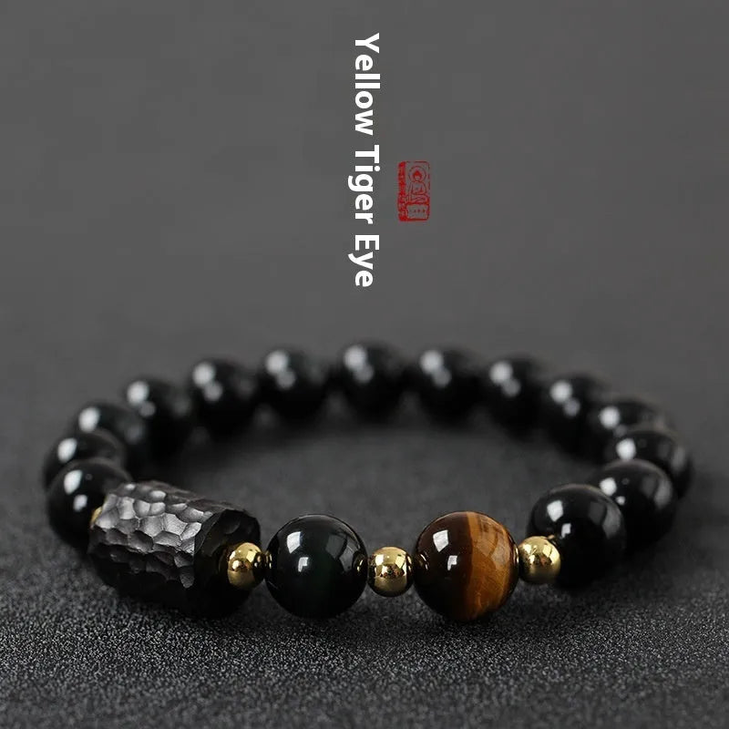 Handmade obsidian bracelet with red and yellow tiger eye beads in circle design