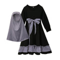Girls' long sleeve cotton solid colour dress two-piece set with headscarf in black or red for spring autumn