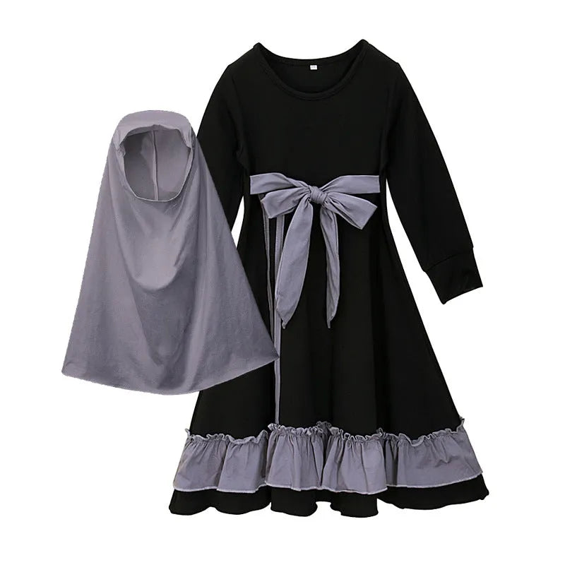Girls' long sleeve cotton solid colour dress two-piece set with headscarf in black or red for spring autumn