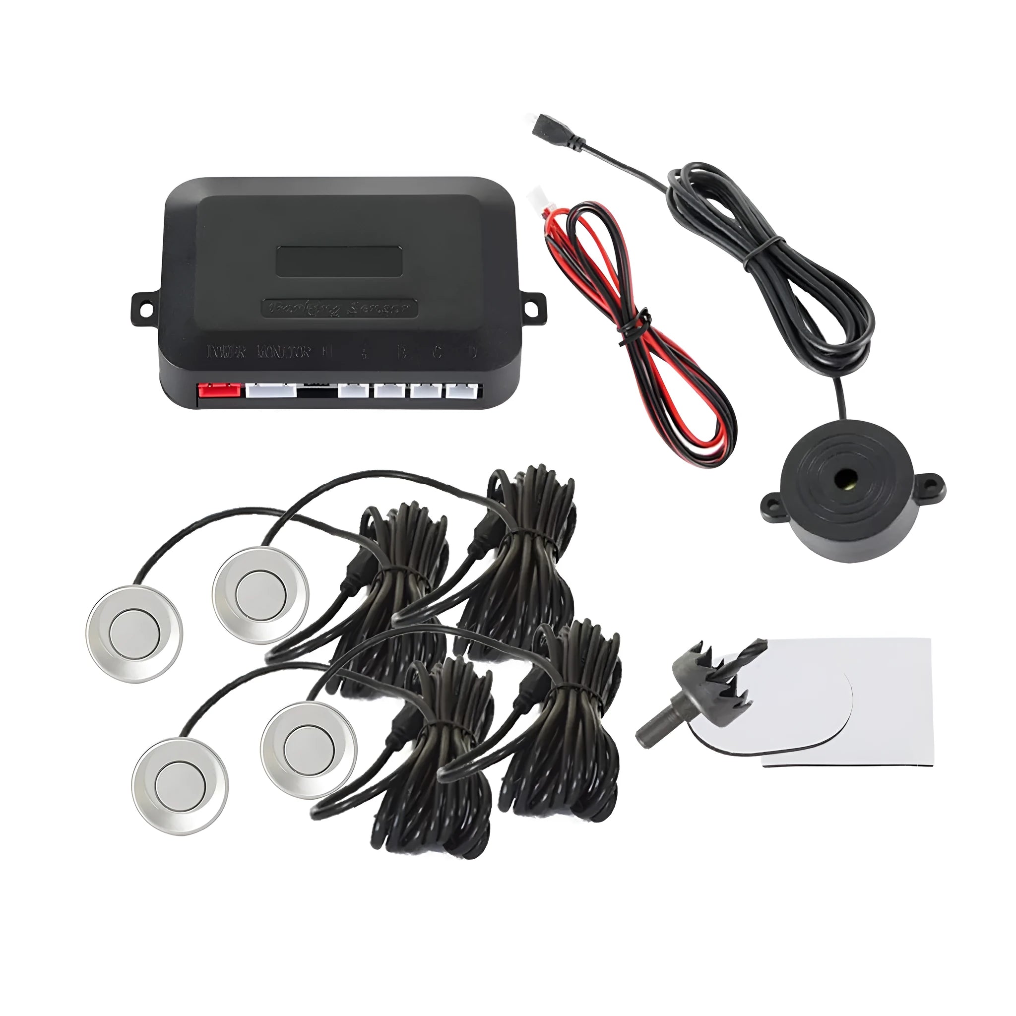 Four ultrasonic parking sensors and buzzer unit for car reversing radar kit with hole saw.