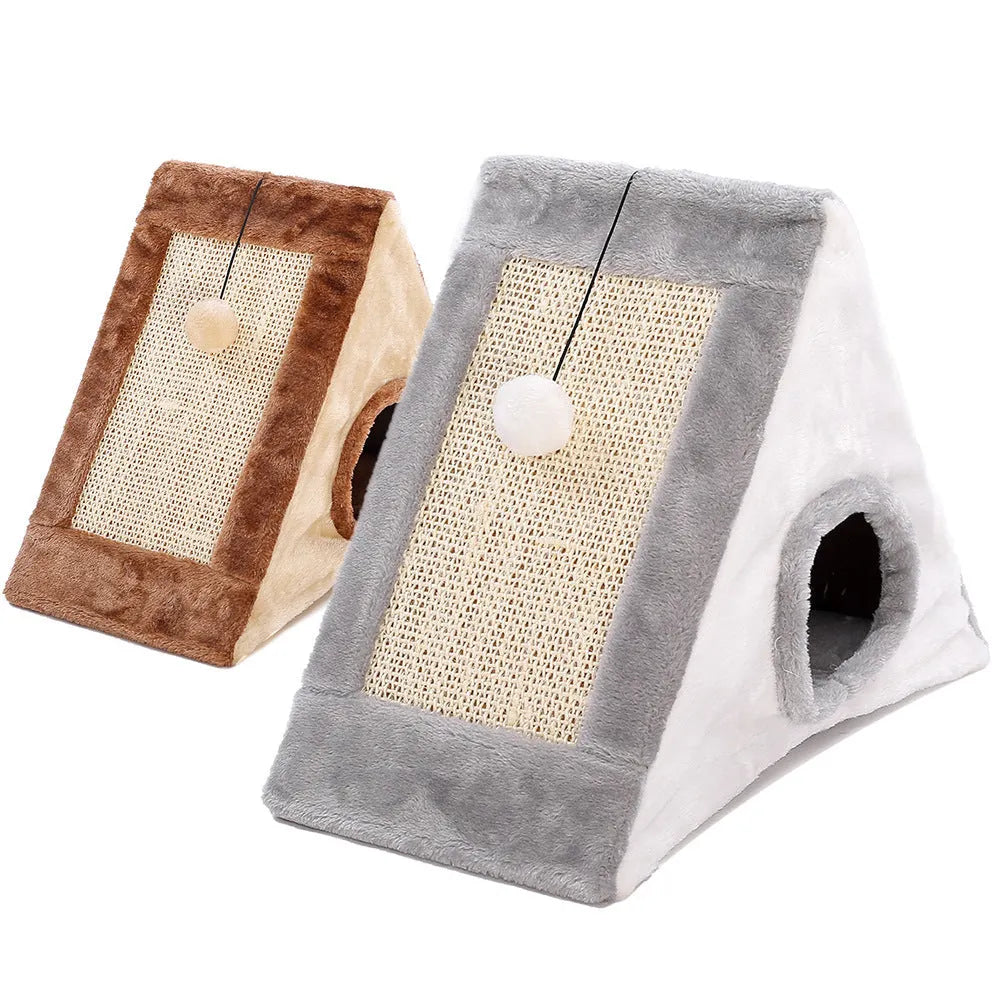 Grey and white triangular cat bed with integrated sisal scratching post, shown next to a light brown and beige version.