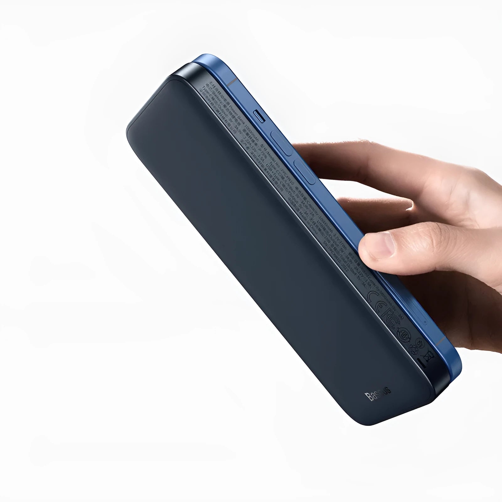 Baseus magnetic wireless 10000mAh power bank in blue showing square aluminium shell design with USB ports