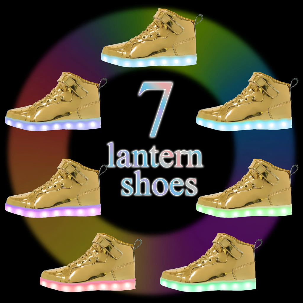 LED light-up high-top board shoes with velcro fastening in black, white, gold, silver, and pink colours