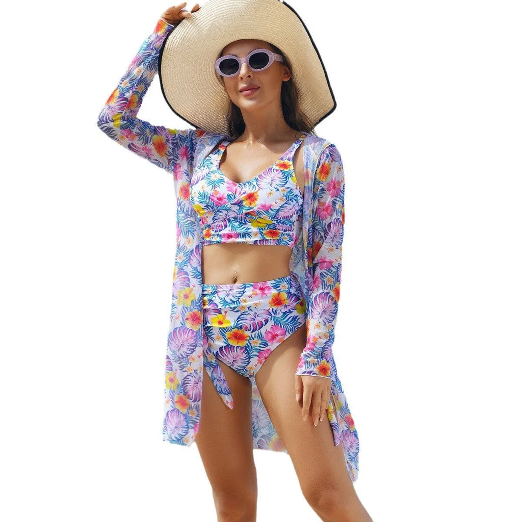 Multicolor printed bikini three piece swimsuit set with top, pants, and sheer coat in pattern 1