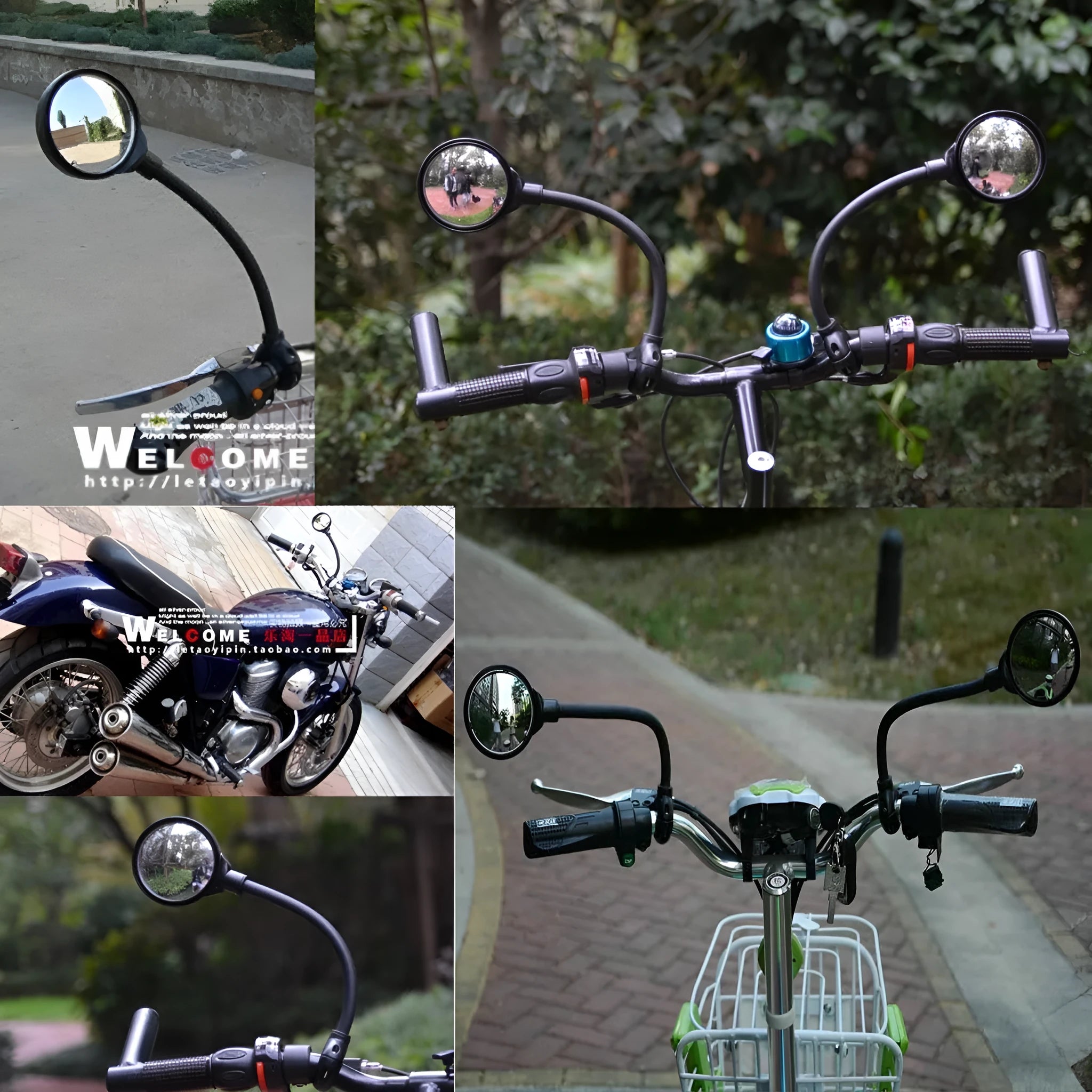 Black bicycle rearview mirror with hose adjustment mechanism mounted on handlebars