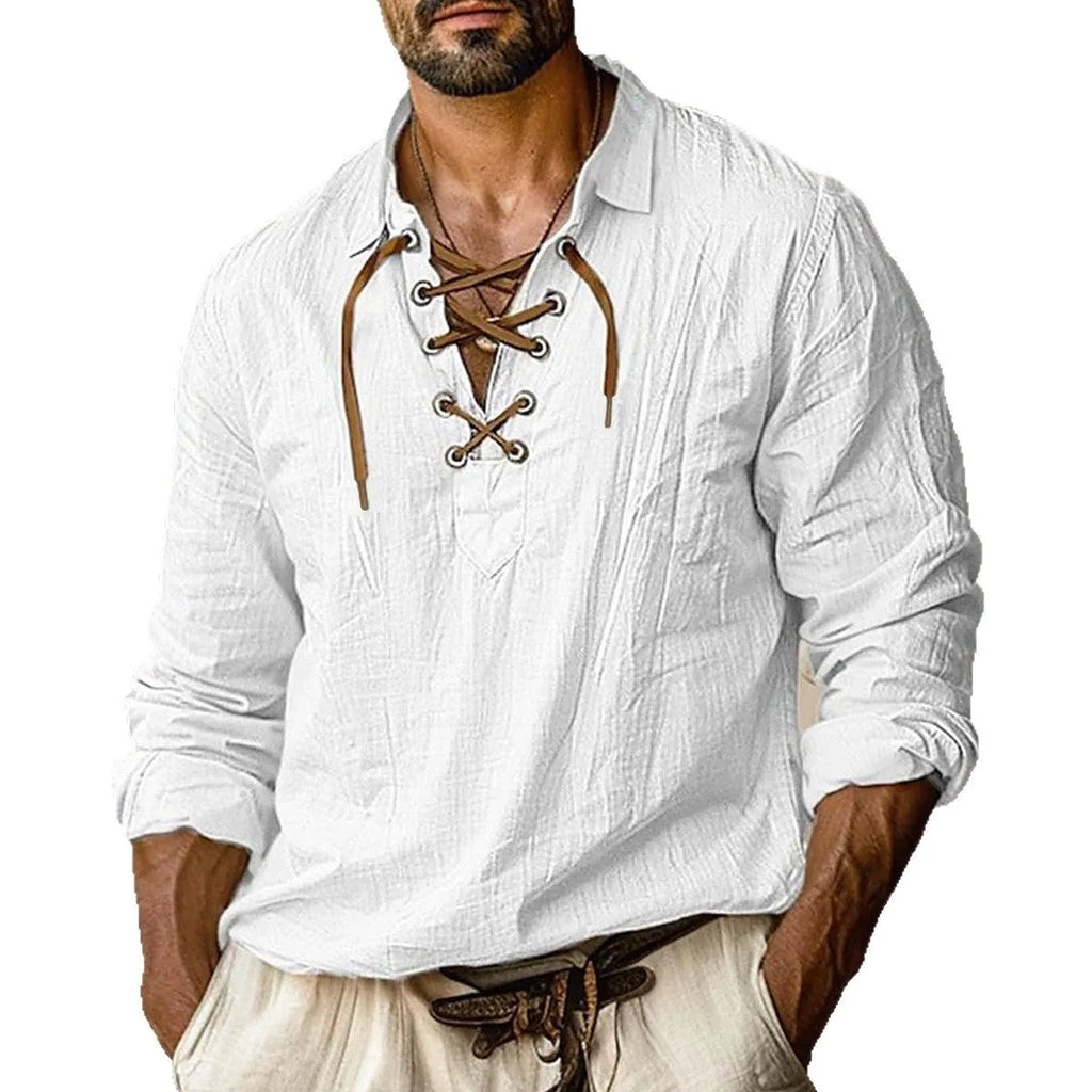 Men's plus size loose-fit linen shirt with a lapel collar in a solid blue colour.