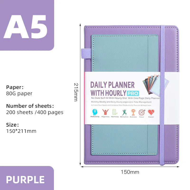 No-date notebook with PU leather cover and strap closure in choice of six colours with optional planning stickers