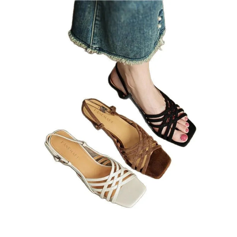 Women's light brown retro cross strap square toe mid heel sandals with ankle buckle