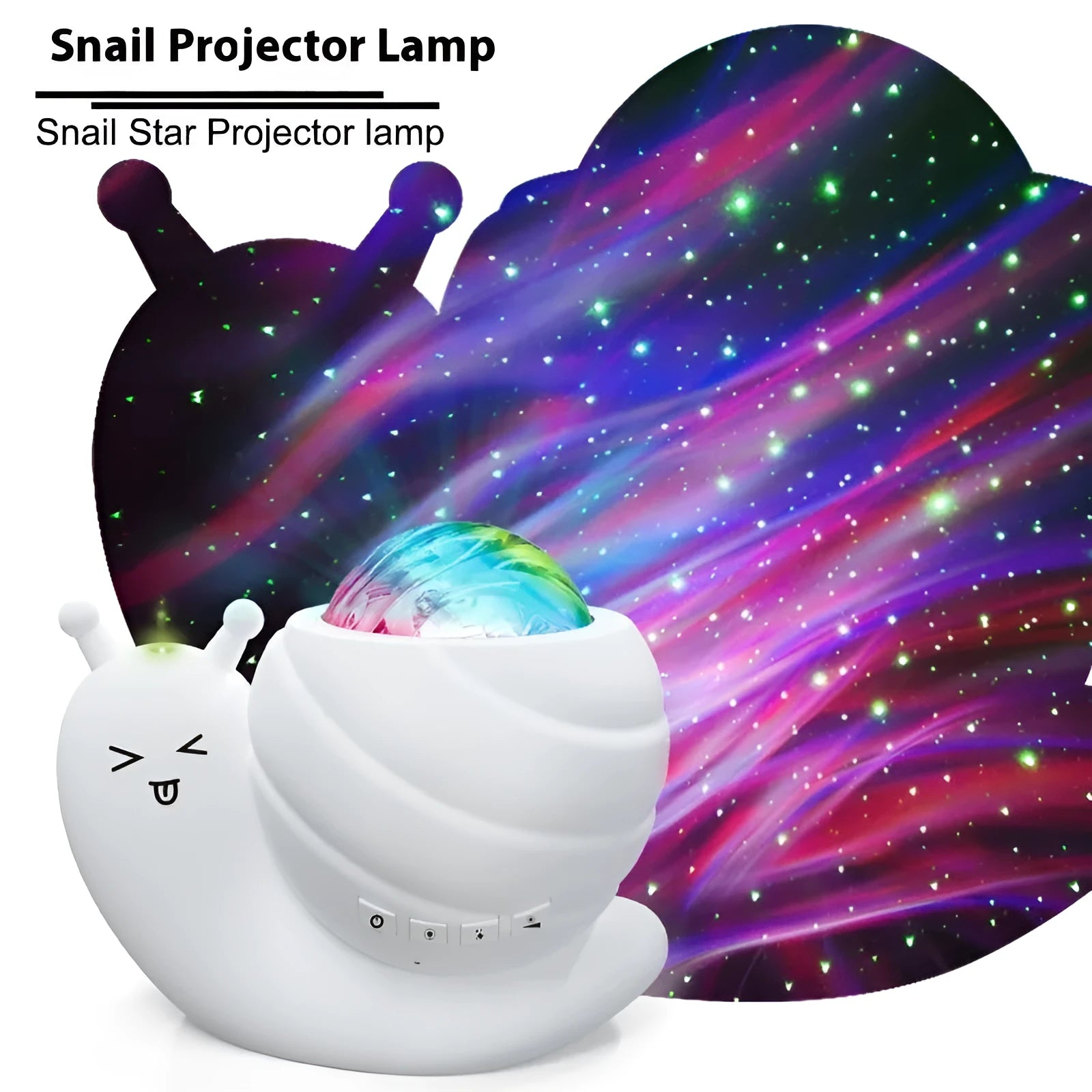Snail-shaped starry sky projection lamp in blue colour with remote control on white background