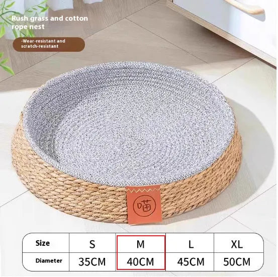 Natural woven rattan cat bed nest for pets, shown in size L.