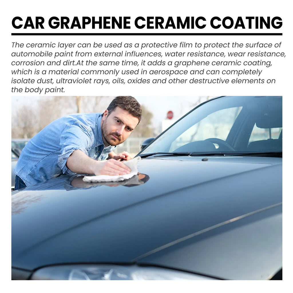 70ml bottle of graphene ceramic car coating with sponge, microfiber towel, gloves, and applicator cloths.
