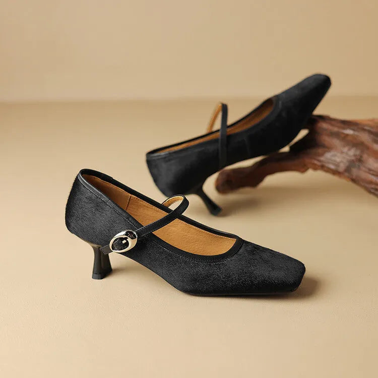 Women's black square toe stiletto heel ankle-strap shoes with horse hair uppers and buckle closure