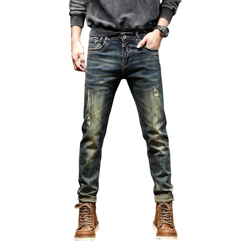 Men's skinny fit jeans in retro colour with zip fly, shown flat and on model