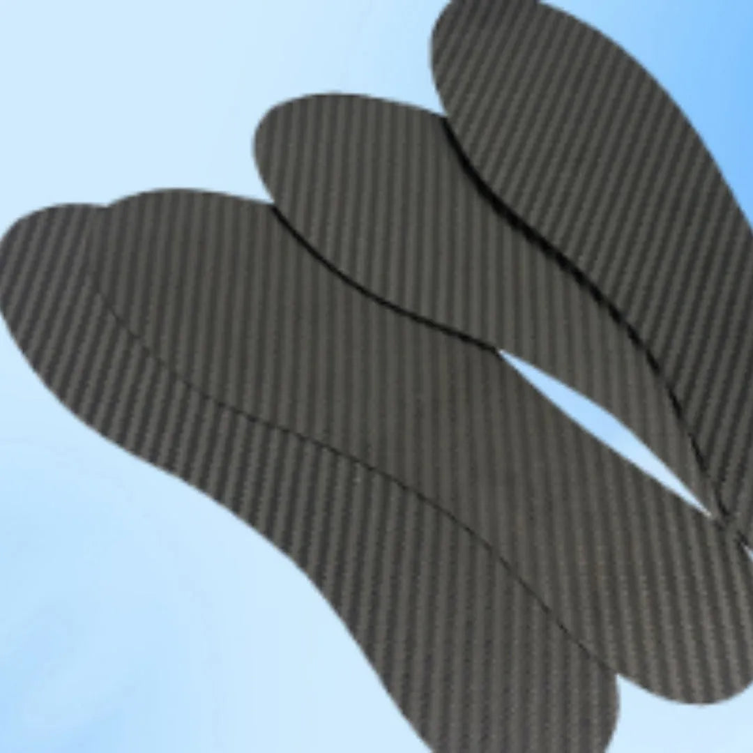Black carbon fiber running insoles showing full palm design with size options from 34 to 48