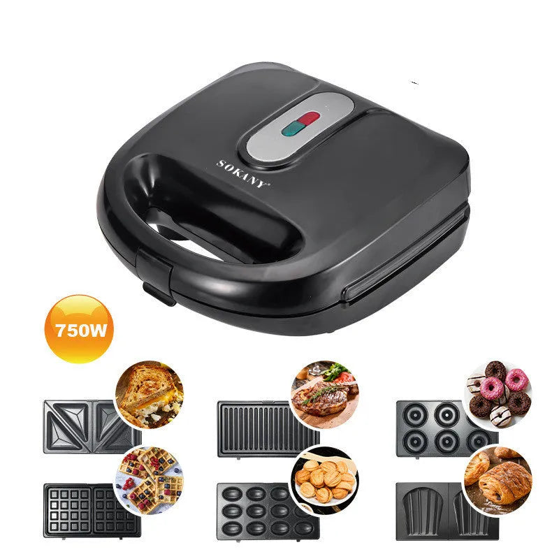 Black double-sided electric sandwich pan with non-stick coating and brushed stainless steel top