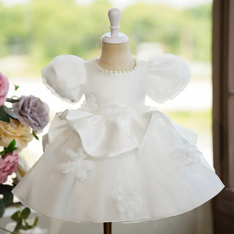 White polyester princess-style girls' piano performance dress for recitals, available in sizes 80cm to 130cm