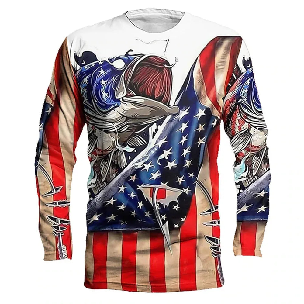 Men's grey long-sleeved pullover with a printed fish design on the front, showing round neck and casual fit.