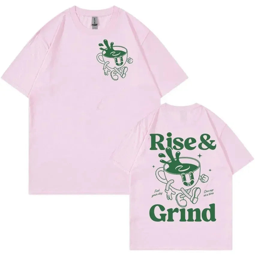 Rise And Grind Green Coffee fun expression printed on a loose-fit linen blend cartoon t-shirt.