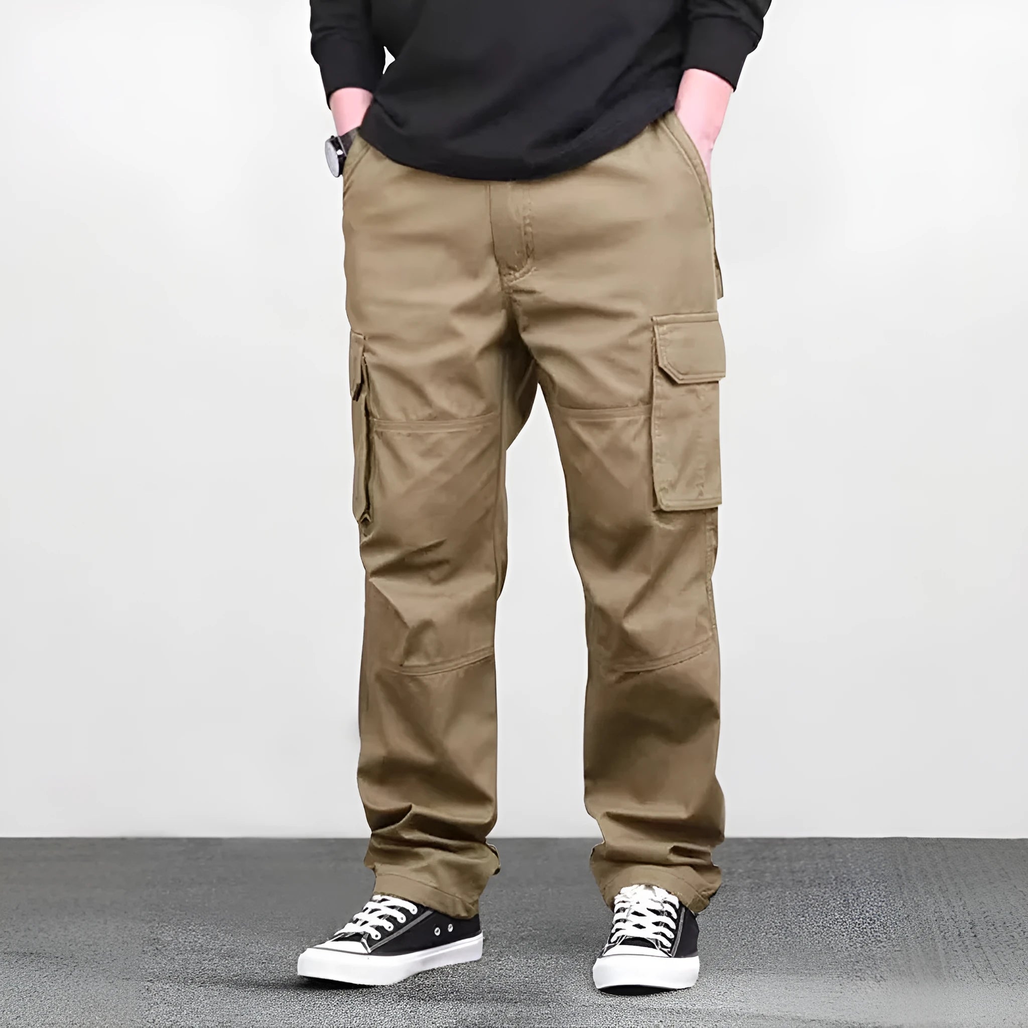 High waist straight long pants in khaki with drawstring waist, loose fit, bamboo fiber blend fabric, women's casual trousers
