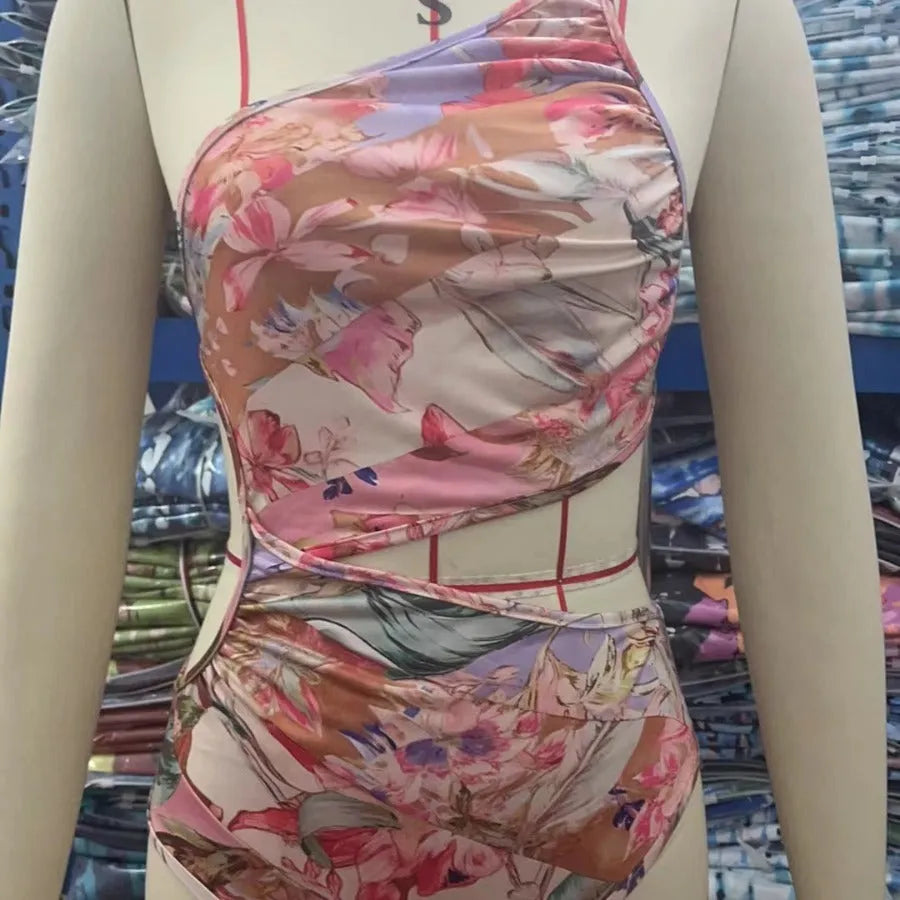 Rose gold patterned women's swimsuit made from polyester for summer swimming