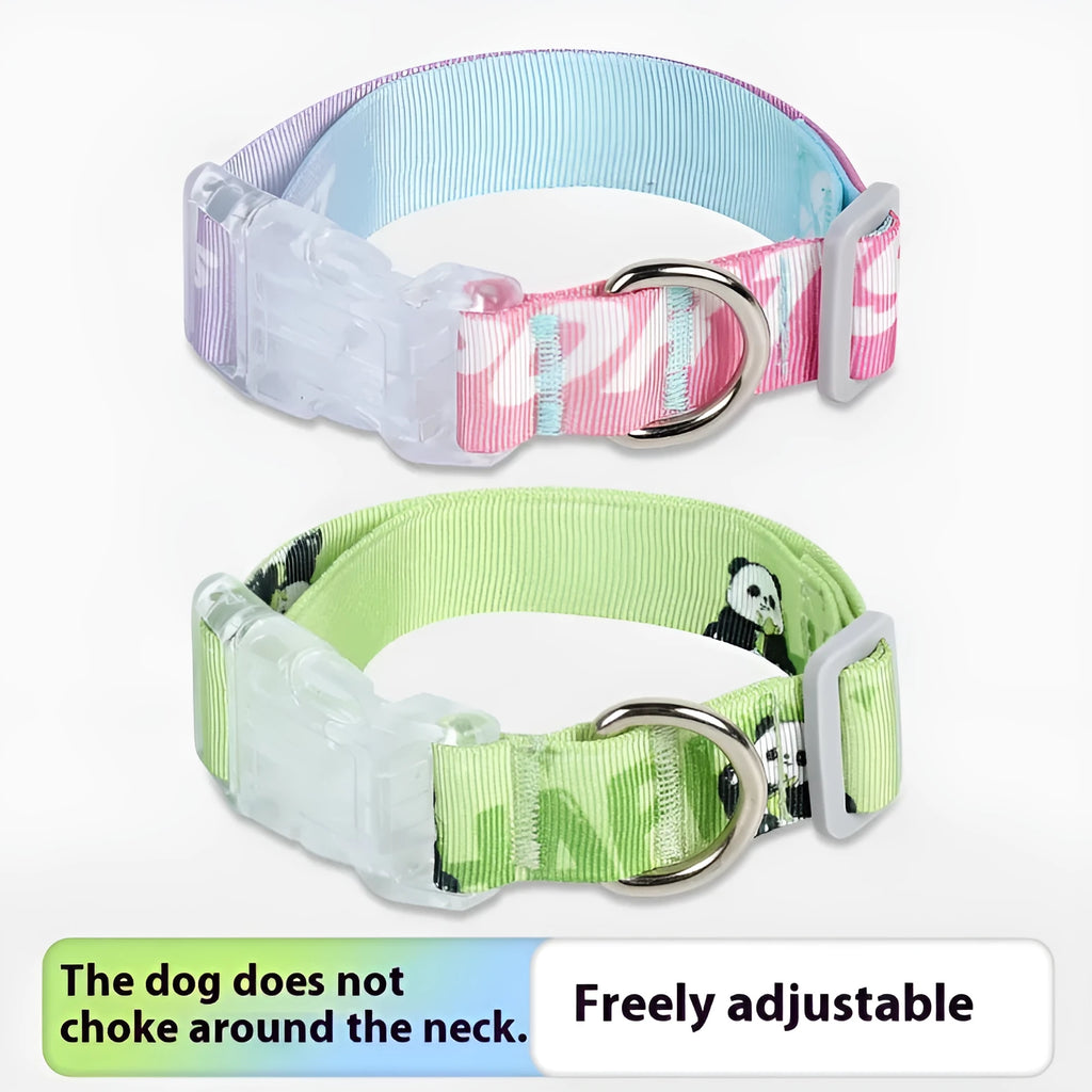 Adjustable nylon dog collar with cartoon printing shown in gradient colour and panda green on a white background.