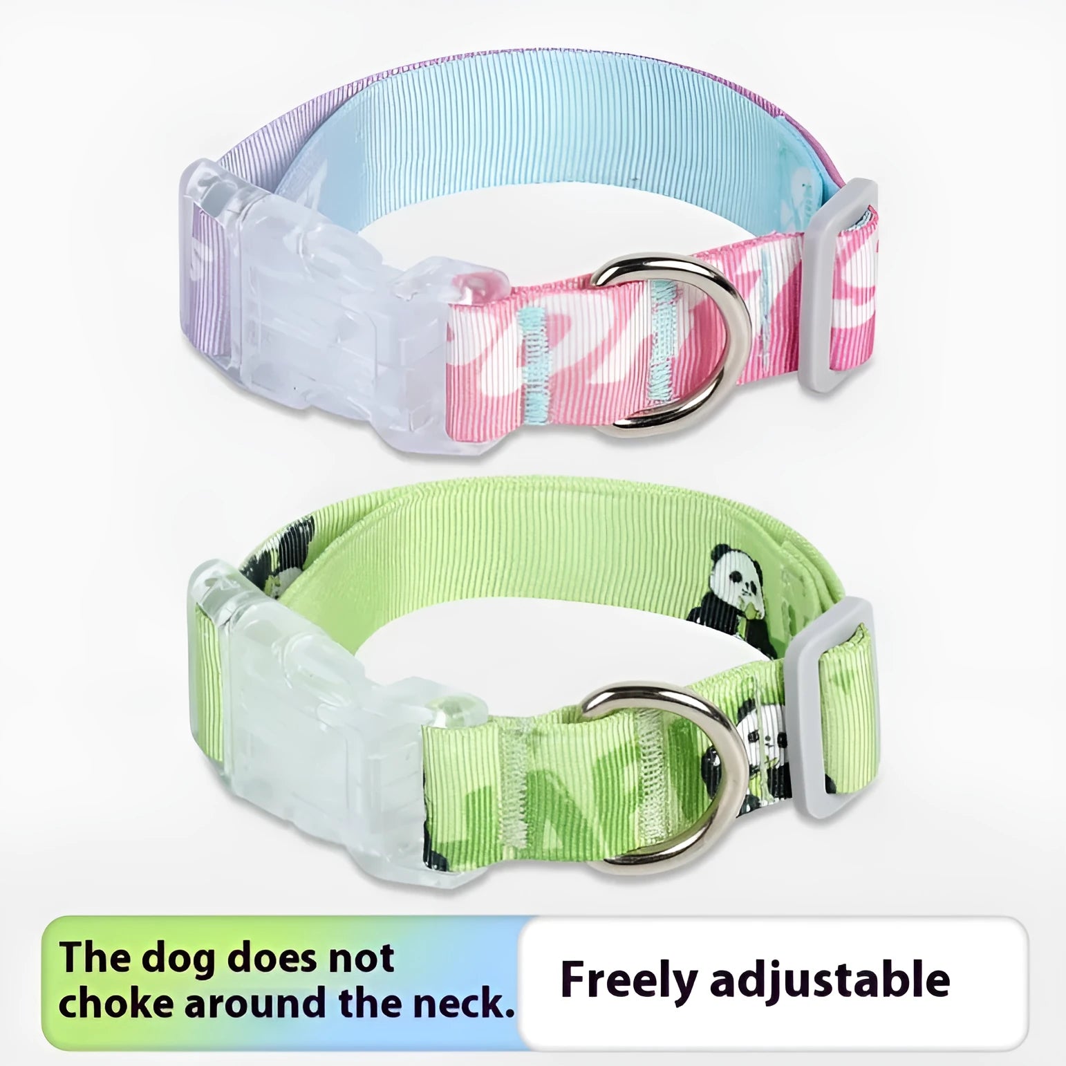 Adjustable nylon dog collar with cartoon printing shown in gradient colour and panda green on a white background.